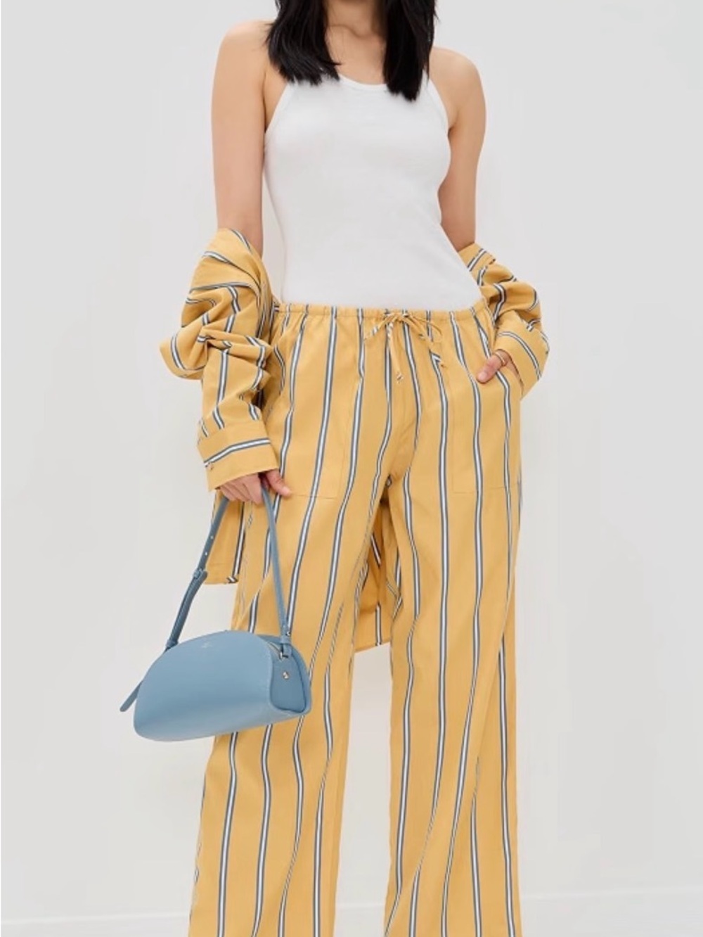 DONNI. Yellow Striped Wide-Leg Drawstring Pants AND Matching Button Down L